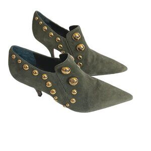 Tory Burch Georgina Olive Green Suede Gold Studded Ankle Boots with Flaws Size 9